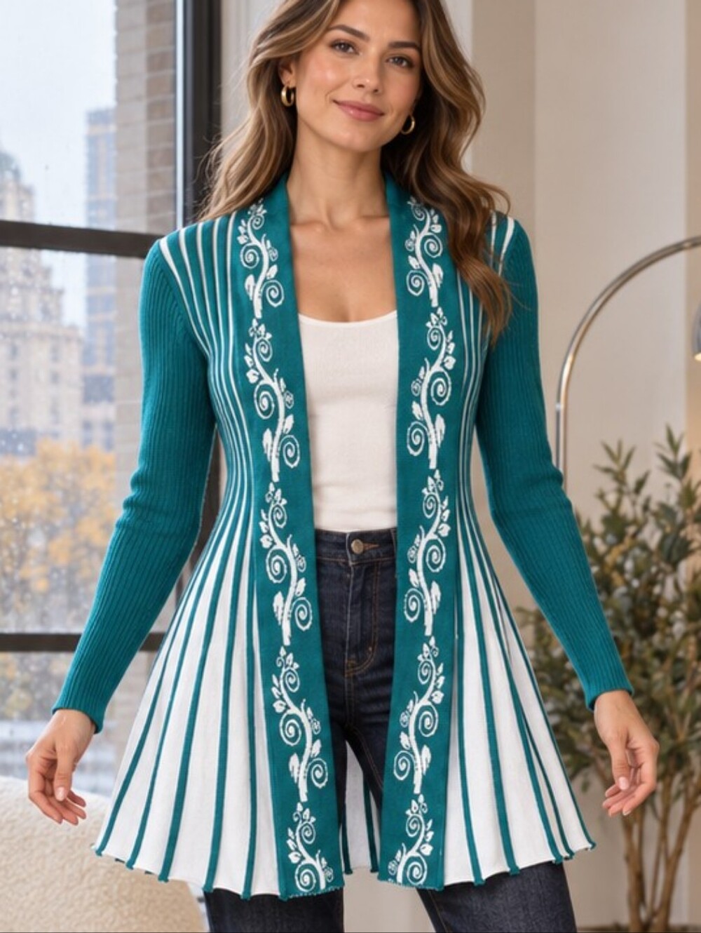 Teal White Jacquard Fit & Flare Statement Open Front Cardigan Sweater